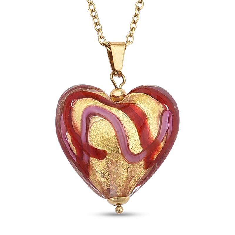 24k Gold Flakes Red Murano Style Heart Pendant Necklace in ION Plated YG Stainless Steel 20-22 Inches