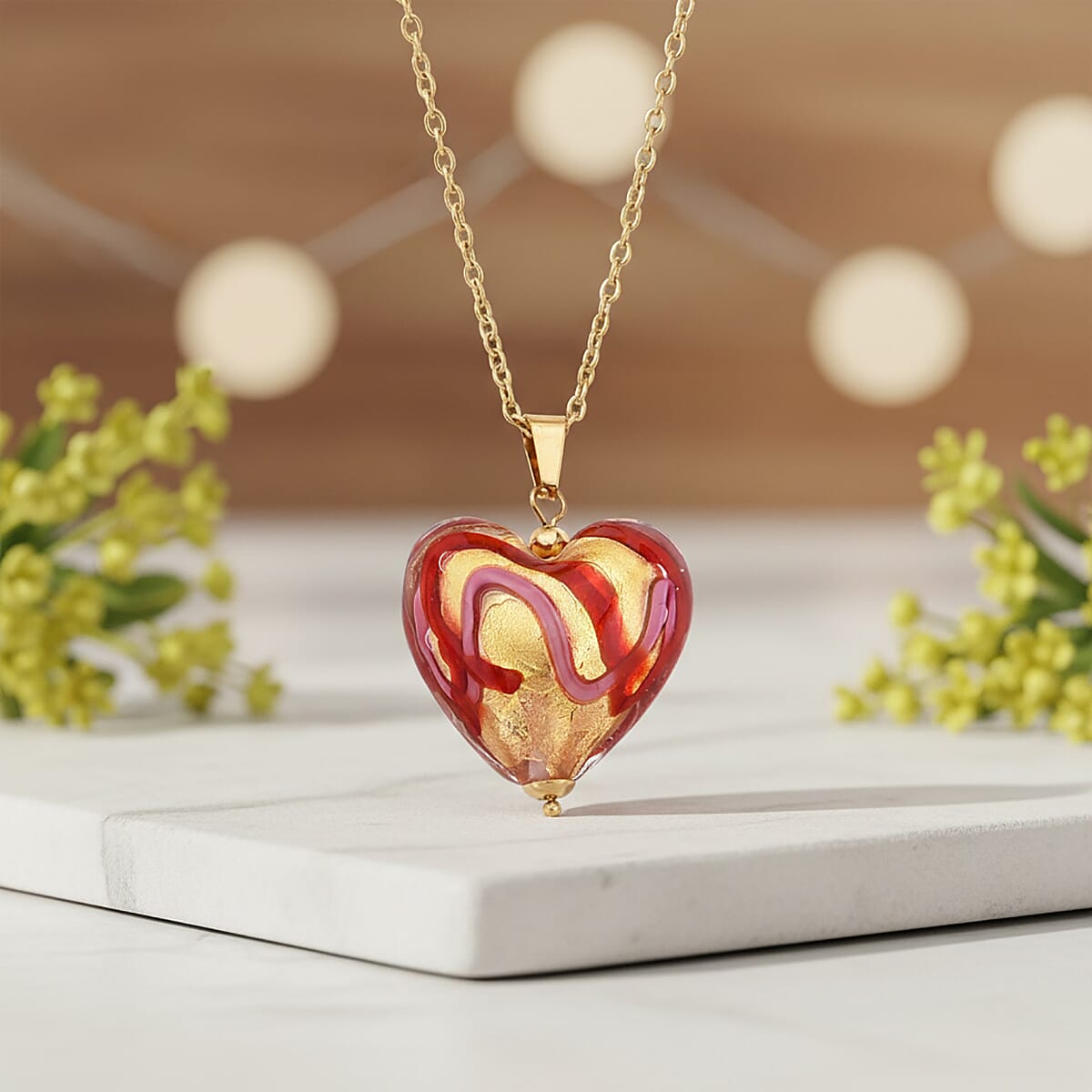 Red Murano Style Heart Pendant Necklace in ION Plated YG Stainless Steel 20-22 Inches  image number 1