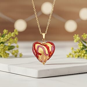Red Murano Style Heart Pendant Necklace in ION Plated YG Stainless Steel 20-22 Inches 