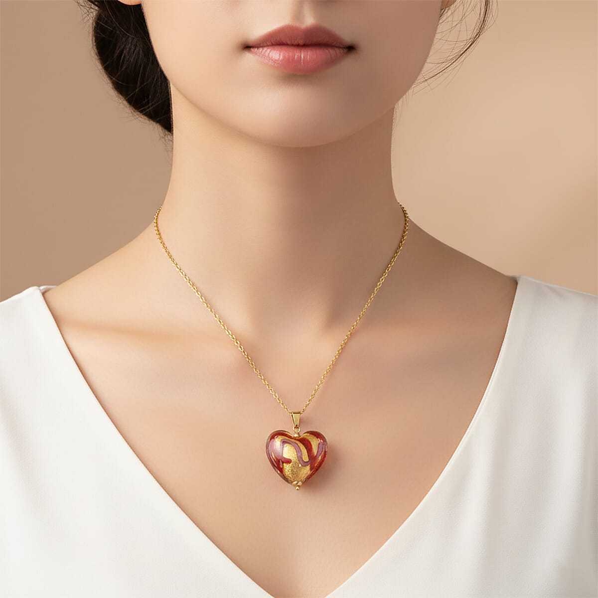 Red Murano Style Heart Pendant Necklace in ION Plated YG Stainless Steel 20-22 Inches  image number 2