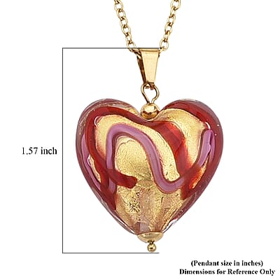 24k Gold Flakes Red Murano Style Heart Pendant Necklace in ION Plated YG Stainless Steel 20-22 Inches