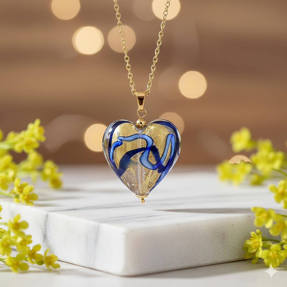 24k Gold Flakes Blue Murano Style Heart Pendant Necklace in ION Plated YG Stainless Steel 20-22 Inches