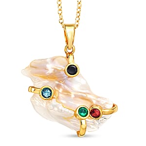 White Keshi Pearl, Simulated Multi Color Diamond Pendant Necklace (20 Inches) in Goldtone
