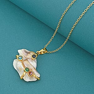 White Keshi Pearl, Simulated Multi Color Diamond Pendant Necklace (20 Inches) in Goldtone