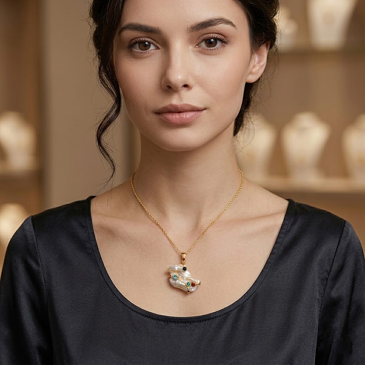 White Keshi Pearl, Simulated Multi Color Diamond Pendant Necklace in Goldtone image number 2