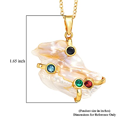White Keshi Pearl, Simulated Multi Color Diamond Pendant Necklace in Goldtone