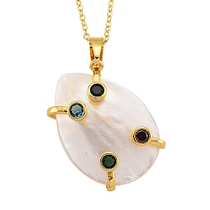 White Keshi Pearl, Simulated Multi Color Diamond Pendant Necklace (20 Inches) in Goldtone