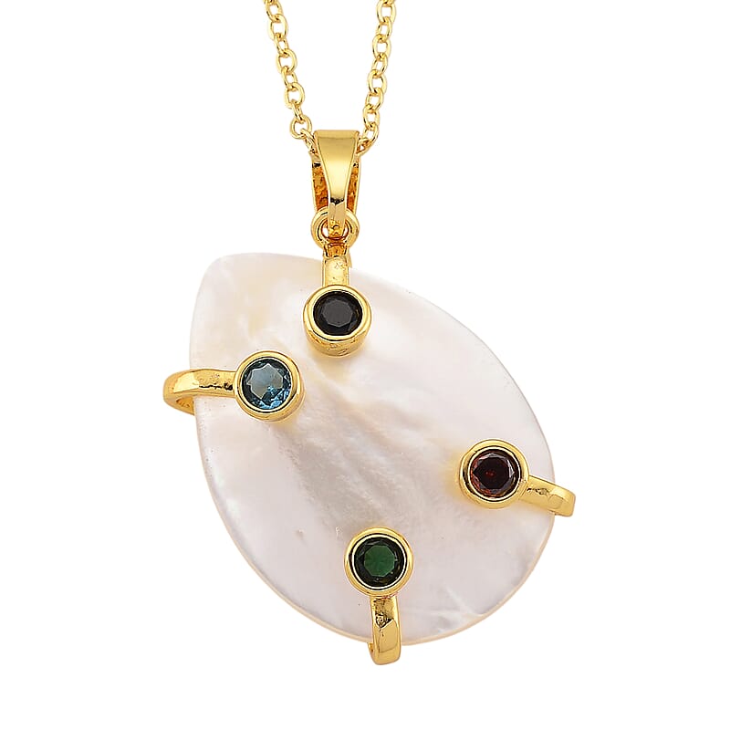 White Keshi Pearl, Simulated Multi Color Diamond Pendant Necklace (20 Inches) in Goldtone