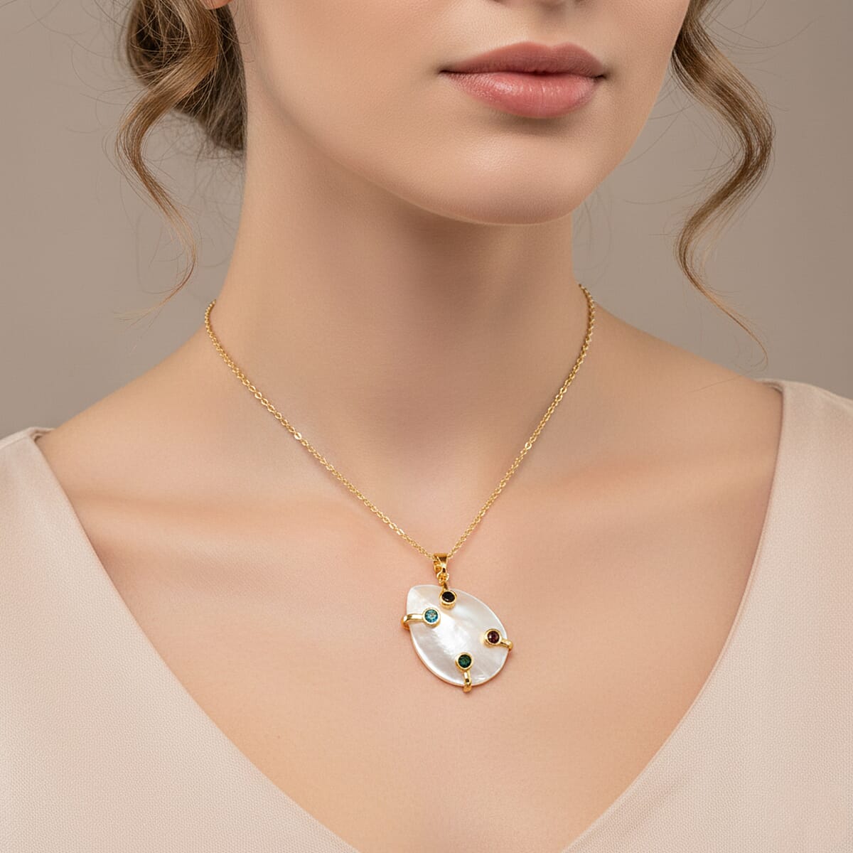 White Keshi Pearl, Simulated Multi Color Diamond Pendant Necklace (20 Inches) in Goldtone image number 1