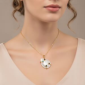 White Keshi Pearl, Simulated Multi Color Diamond Pendant Necklace (20 Inches) in Goldtone