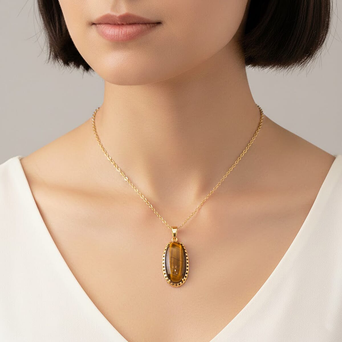 Tigers Eye 25.00 ctw Pendant Necklace (20 Inches) in Goldtone image number 2