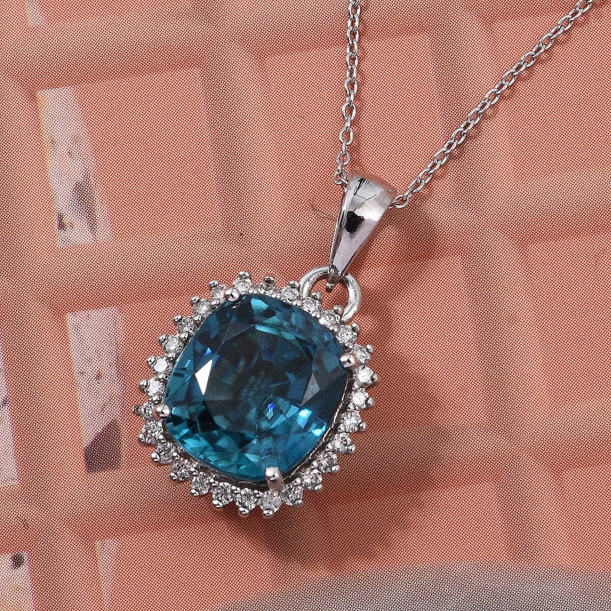 AAAA Cambodian Blue Zircon and Luxuriant Lab Grown Diamond E-F VS 5.10 ctw Aura Pendant Necklace in 10K White Gold 18 Inches image number 1