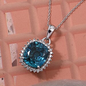 Luxoro AAAA Cambodian Blue Zircon, Diamond Pendant Necklace in 10K White Gold 5.10 ctw (18 Inches)