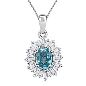 D'Joy Premium Cambodian Blue Zircon and Moissanite 2.70 ctw Azure Flare Pendant Necklace in Rhodium Over Sterling Silver 18 Inches  