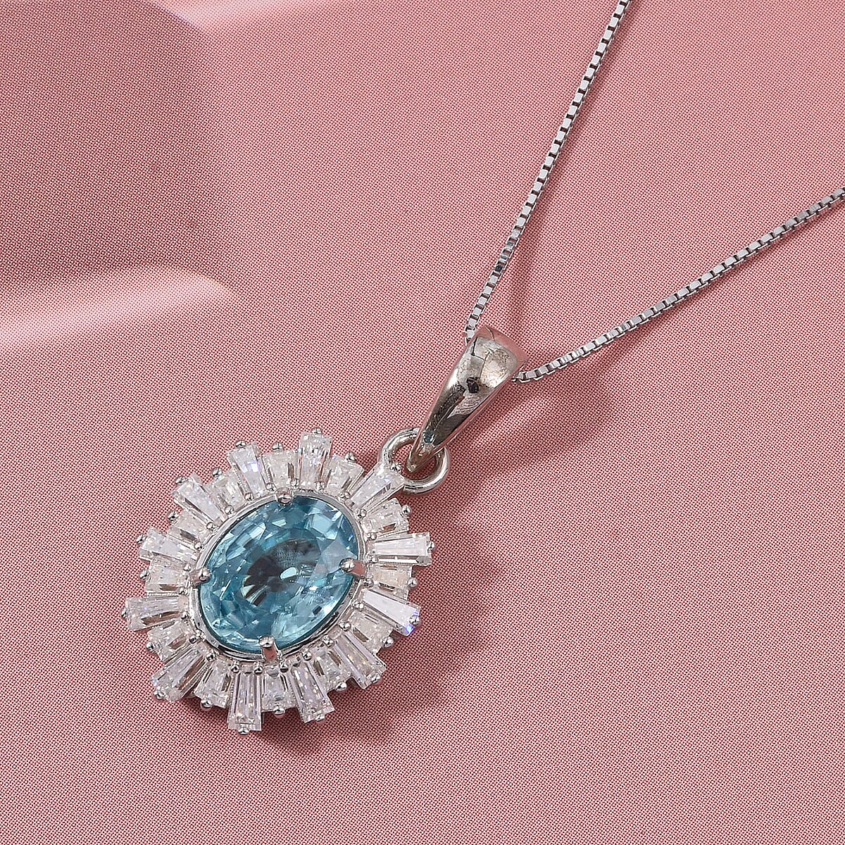 D'Joy Premium Cambodian Blue Zircon and Moissanite 2.70 ctw Azure Flare Pendant Necklace in Rhodium Over Sterling Silver 18 Inches   image number 1