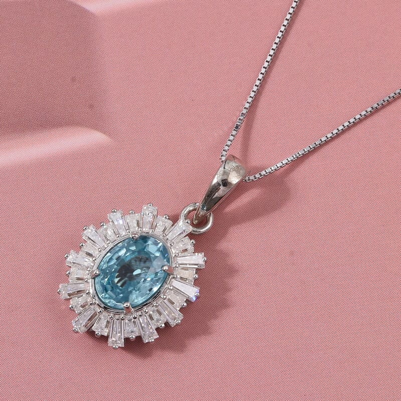 D'Joy Cambodian Blue Zircon, Moissanite Pendant Necklace in Rhodium Over Sterling Silver 2.70 ctw (18 Inches)