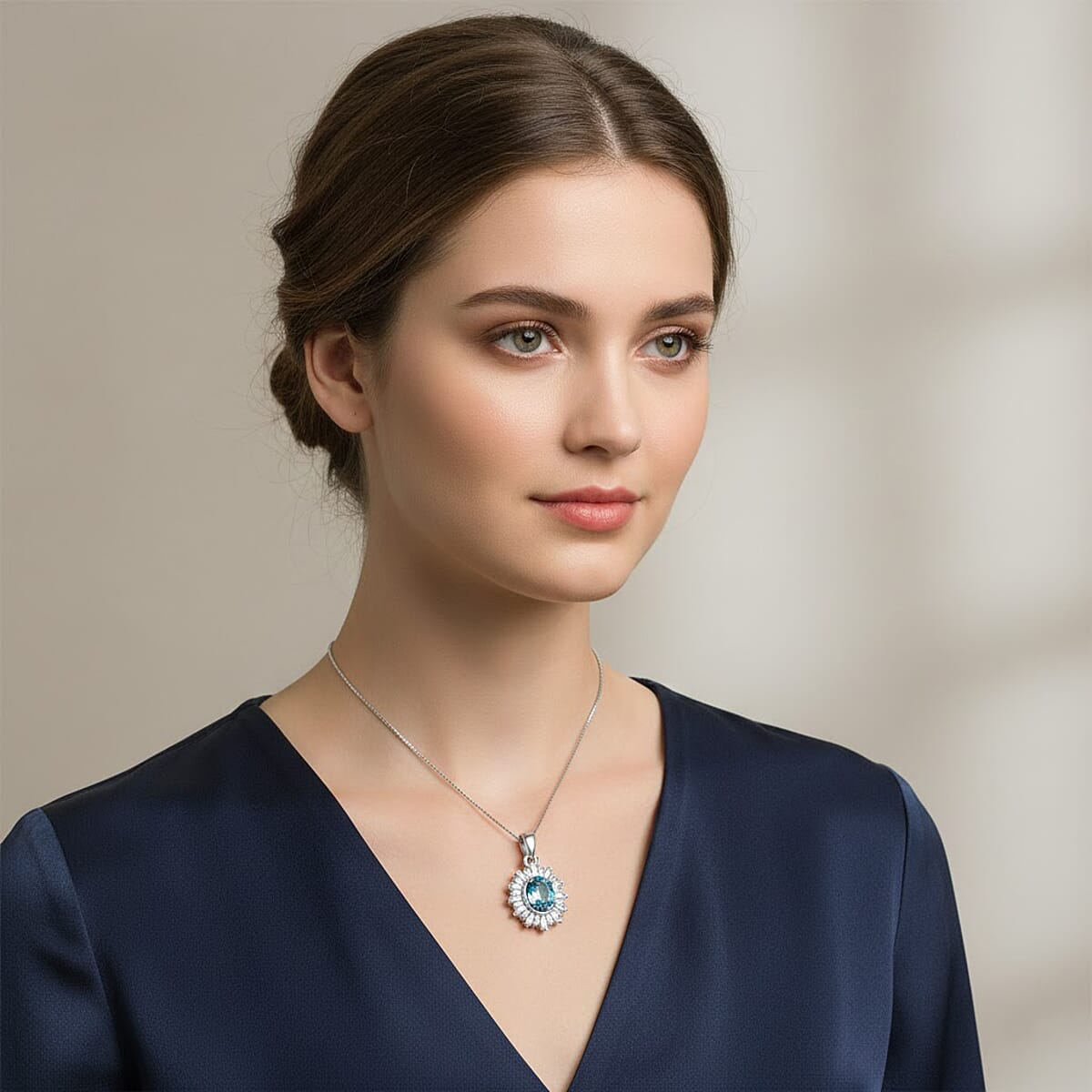 D'Joy Premium Cambodian Blue Zircon and Moissanite 2.70 ctw Azure Flare Pendant Necklace in Rhodium Over Sterling Silver 18 Inches   image number 2