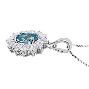 D'Joy Cambodian Blue Zircon, Moissanite Pendant Necklace in Rhodium Over Sterling Silver 2.70 ctw (18 Inches)