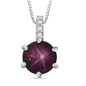 D'Joy Premium Indian Star Ruby and White Zircon 4.00 ctw Pendant Necklace in Rhodium Over Sterling Silver 18 Inches