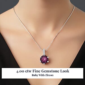 D'Joy Indian Star Ruby, White Zircon Pendant Necklace in Rhodium Over Sterling Silver 4.00 ctw (18 Inches)