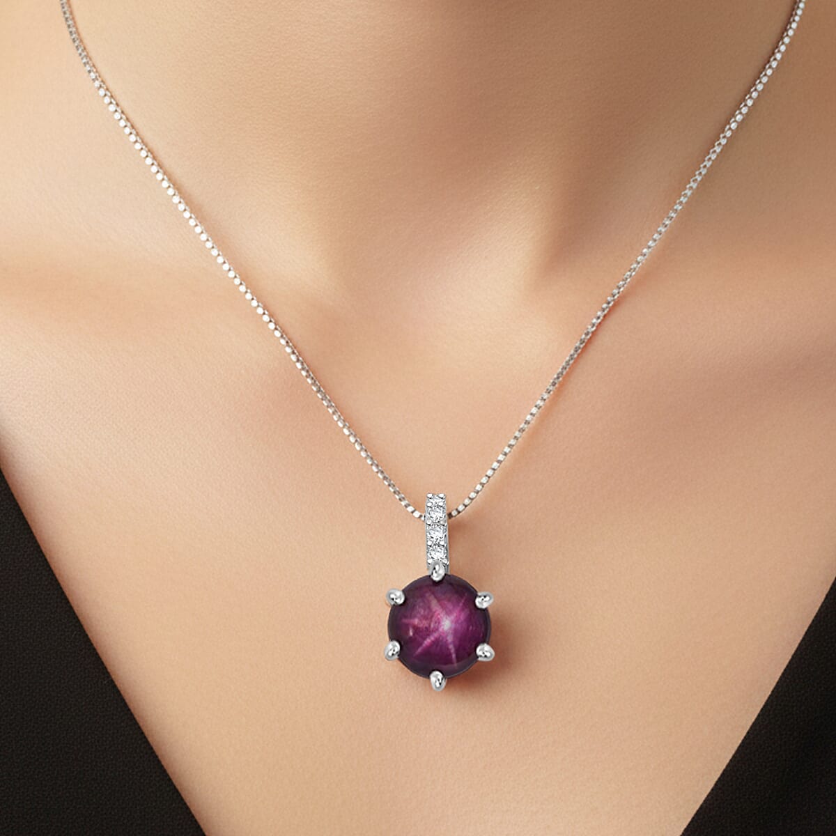D'Joy Premium Indian Star Ruby and White Zircon 4.00 ctw Pendant Necklace in Rhodium Over Sterling Silver 18 Inches image number 2