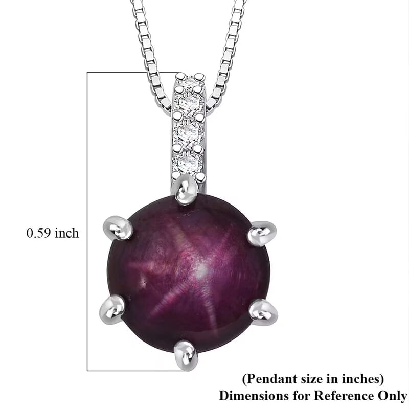 D'Joy Indian Star Ruby, White Zircon Pendant Necklace in Rhodium Over Sterling Silver 4.00 ctw (18 Inches)