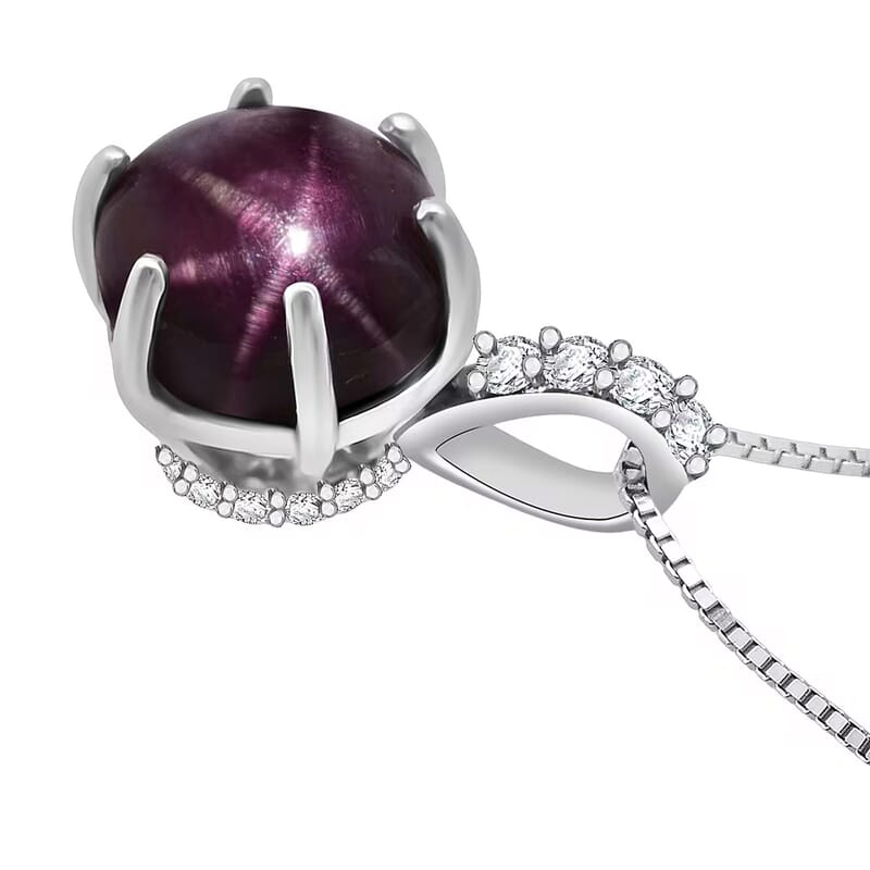 D'Joy Indian Star Ruby, White Zircon Pendant Necklace in Rhodium Over Sterling Silver 4.00 ctw (18 Inches)
