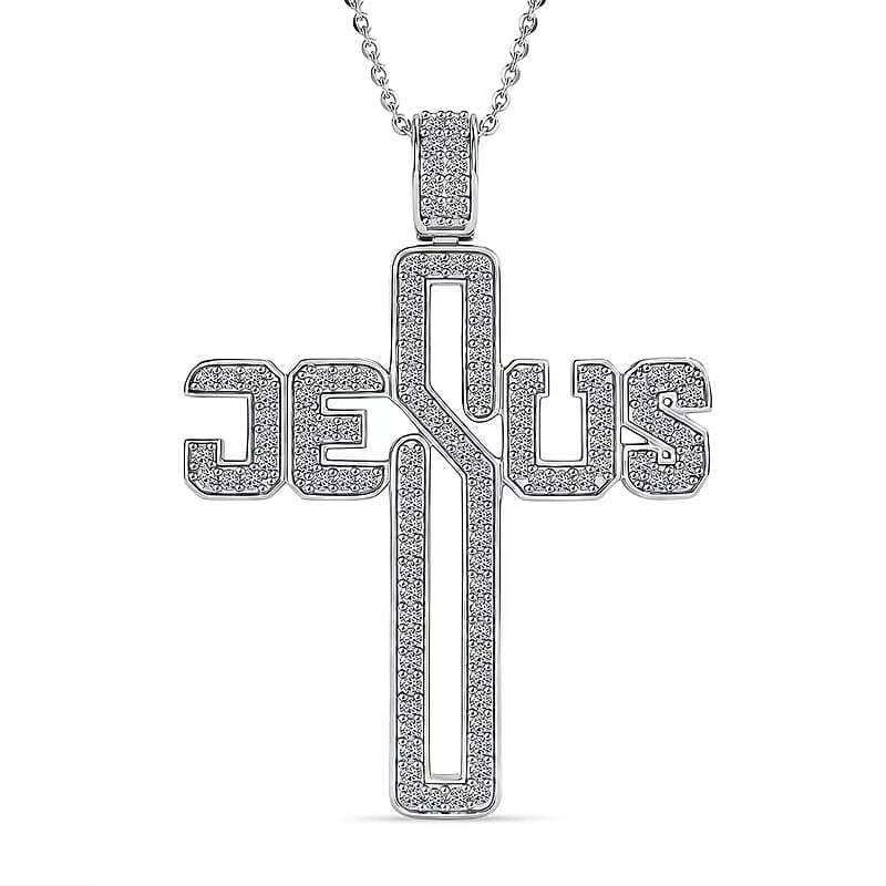 Luxuriant Lab Grown Diamond G-H SI 0.90 ctw Cross Pendant Necklace in Rhodium Over Sterling Silver 20 Inches