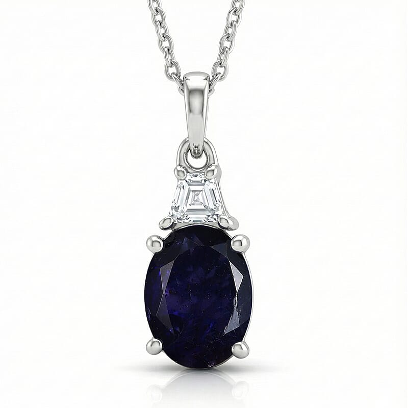 D'Joy Catalina Iolite, Moissanite Eternal Radiance Pendant Necklace in Rhodium Over Sterling Silver 1.65 ctw (20 Inches)