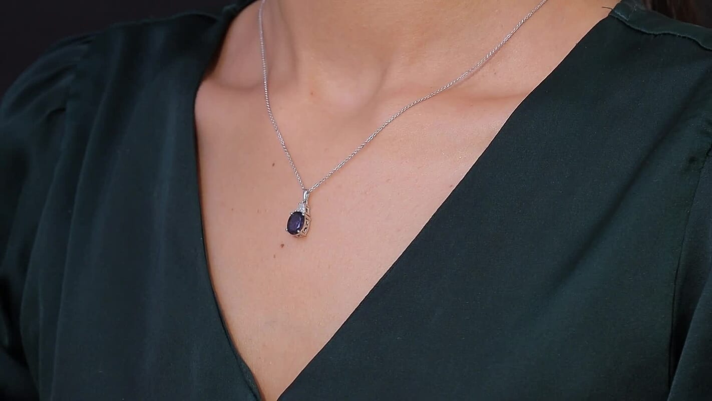 D'Joy Catalina Iolite, Moissanite Eternal Radiance Pendant Necklace in Rhodium Over Sterling Silver 1.65 ctw (20 Inches)