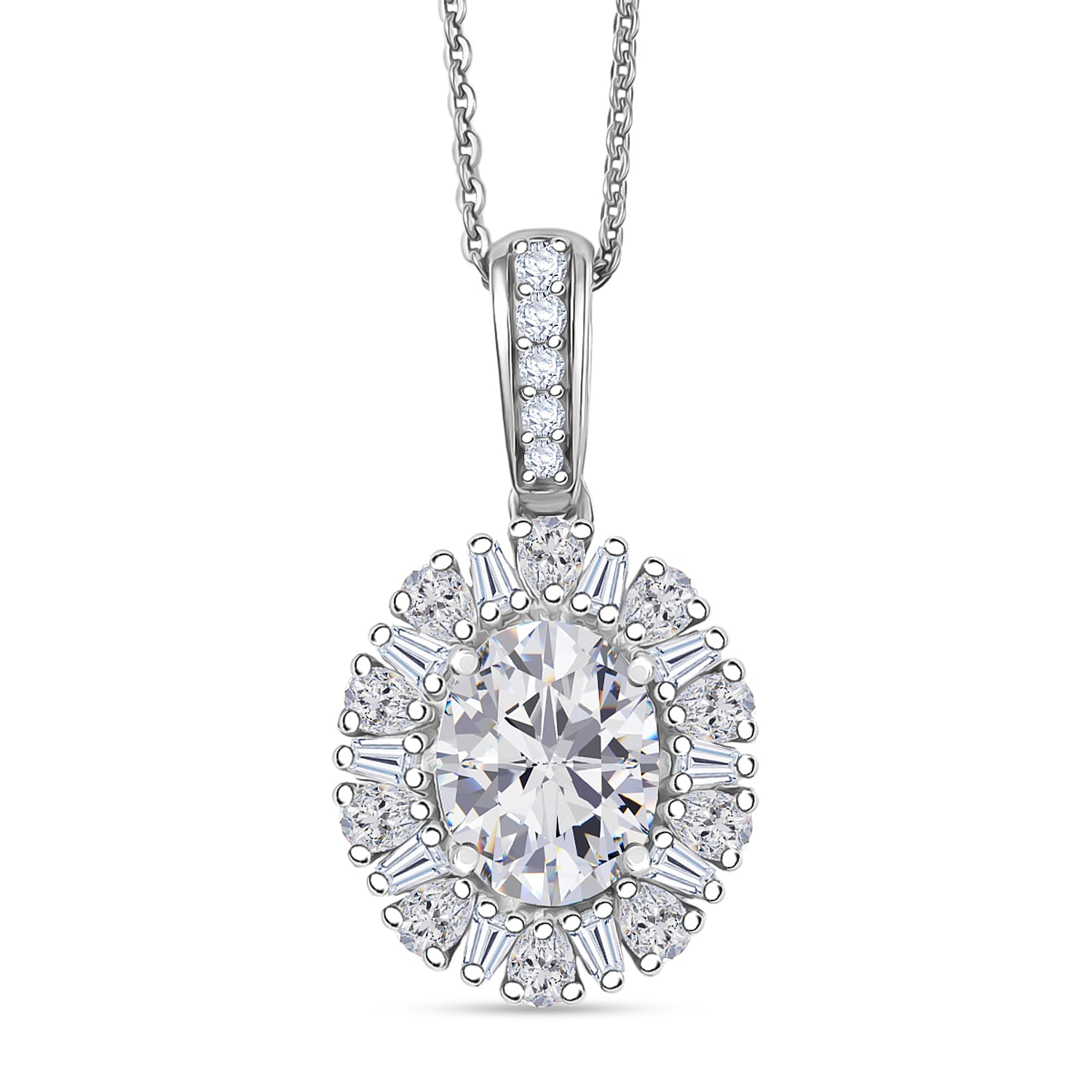 D'Joy Moissanite 2.85 ctw Sparkburst Pendant Necklace in Rhodium Over Sterling Silver 20 Inches