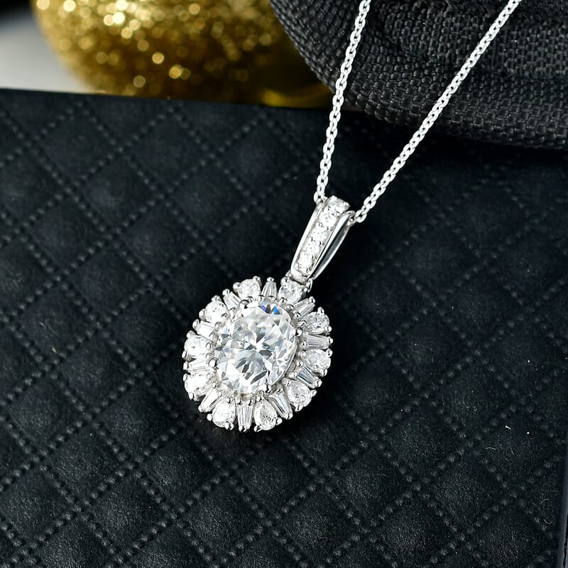 D'Joy Moissanite 2.85 ctw Sparkburst Pendant Necklace in Rhodium Over Sterling Silver 20 Inches