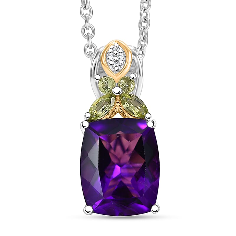 EverTrue African Amethyst and Multi Gemstone 5.35 ctw Pendant in 18K YG Plated and Platinum Bond with Stainless Steel Necklace 20 Inches