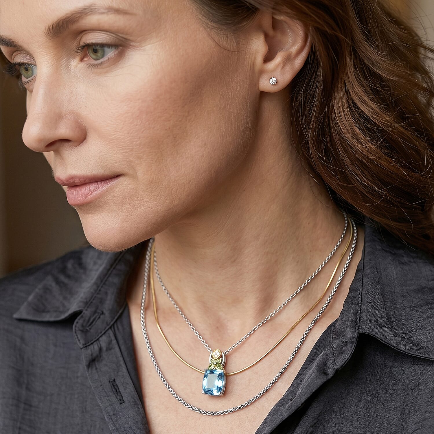 EverTrue Sky Blue Topaz and Multi Gemstone 5.95 ctw Pendant in Platinum Bond with Stainless Steel Necklace 20 Inches