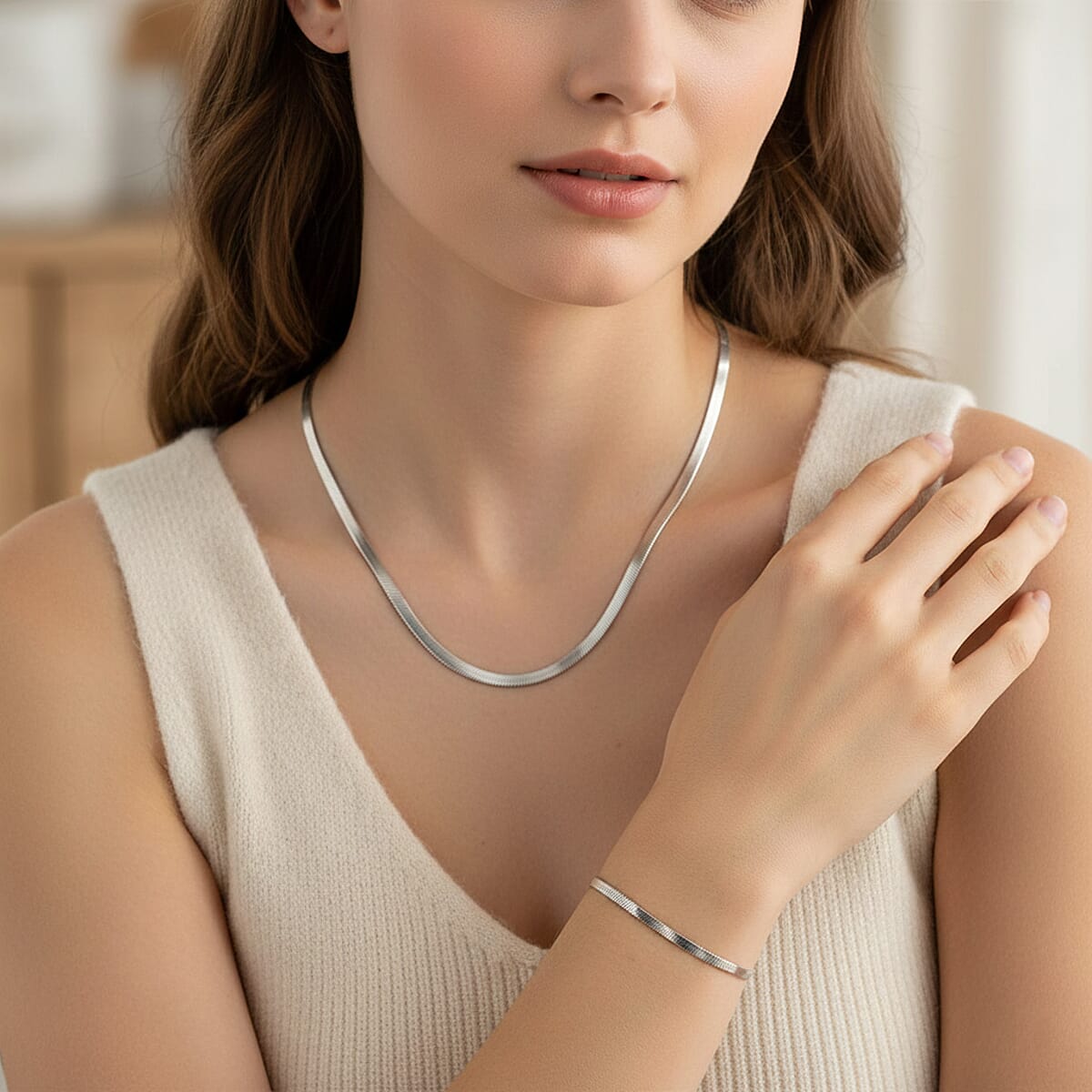 Herringbone Chain Bracelet (8.50In) and Necklace (24 Inches) in Stainless Steel image number 2