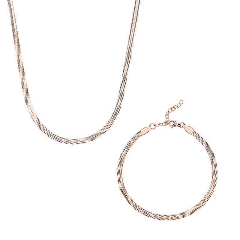 Herringbone Chain Bracelet (8.50In) and Necklace (24 Inches) in ION Plated RG Stainless Steel