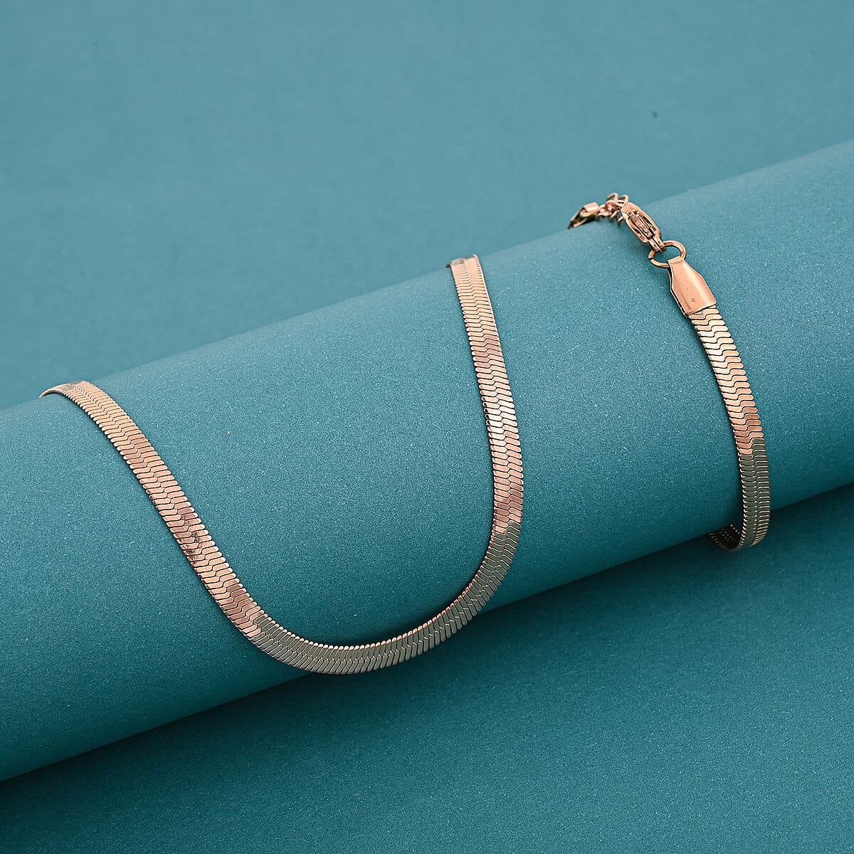 Herringbone Chain Bracelet (8.50In) and Necklace (24 Inches) in ION Plated RG Stainless Steel image number 1