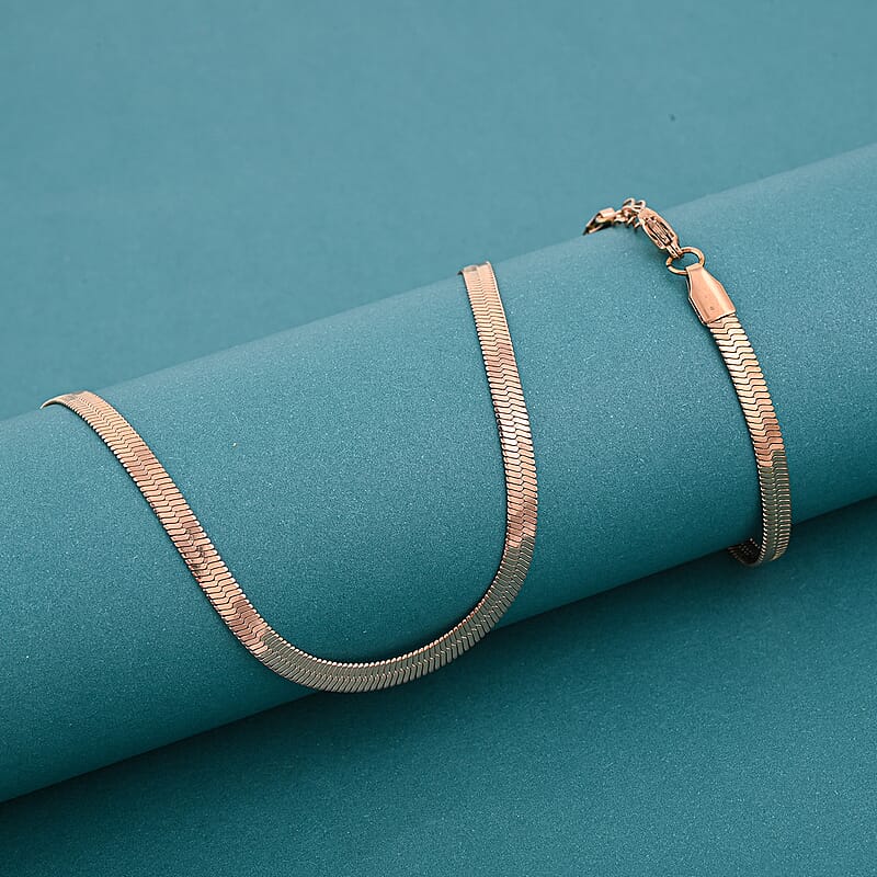 Herringbone Chain Bracelet (8.50In) and Necklace (24 Inches) in ION Plated RG Stainless Steel