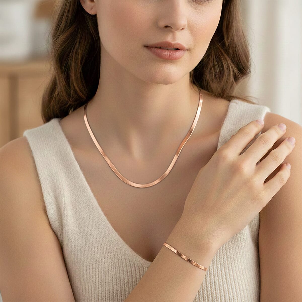 Herringbone Chain Bracelet (8.50In) and Necklace (24 Inches) in ION Plated RG Stainless Steel image number 2