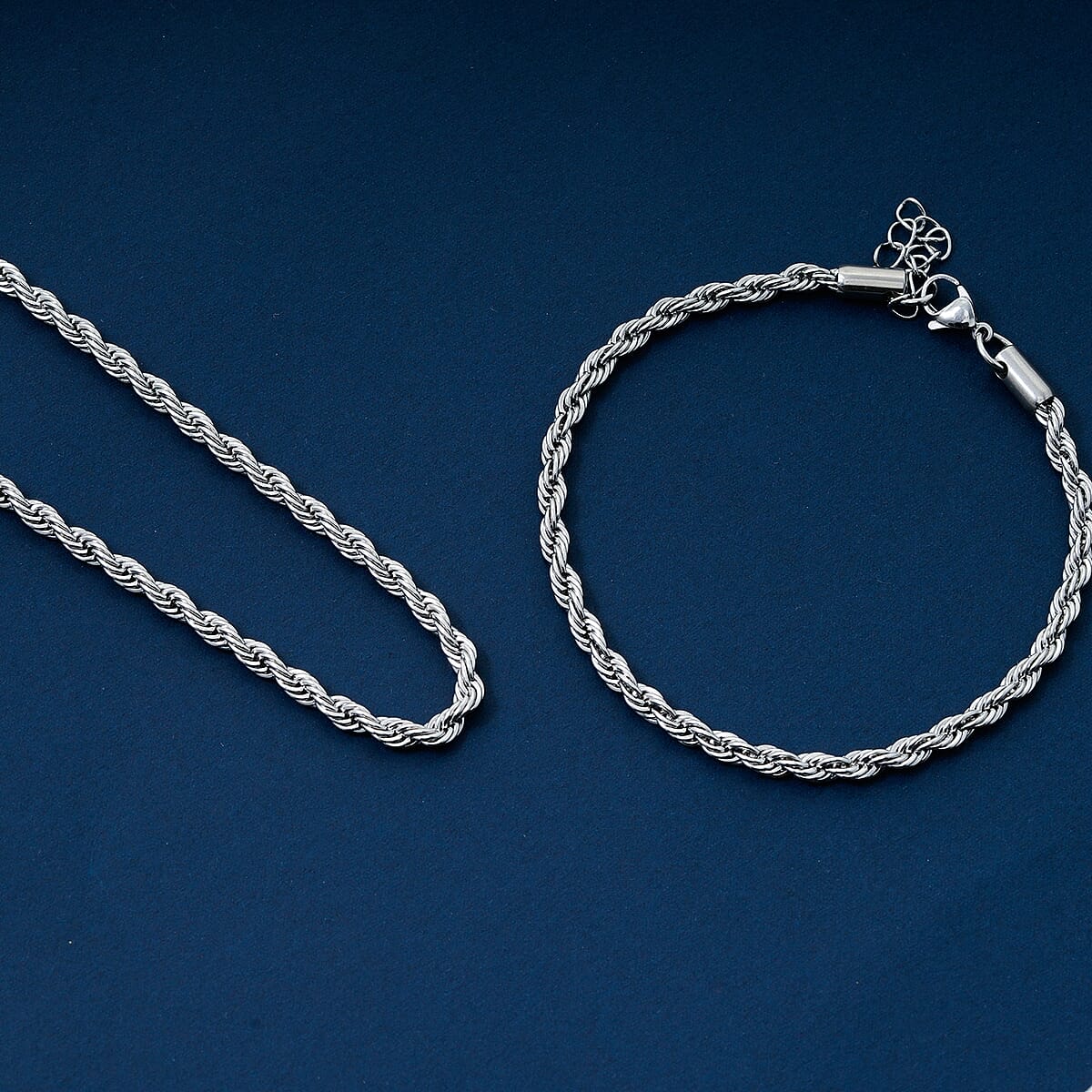 Rope Chain Bracelet (8.50In) and Necklace (24 Inches) in Stainless Steel image number 1