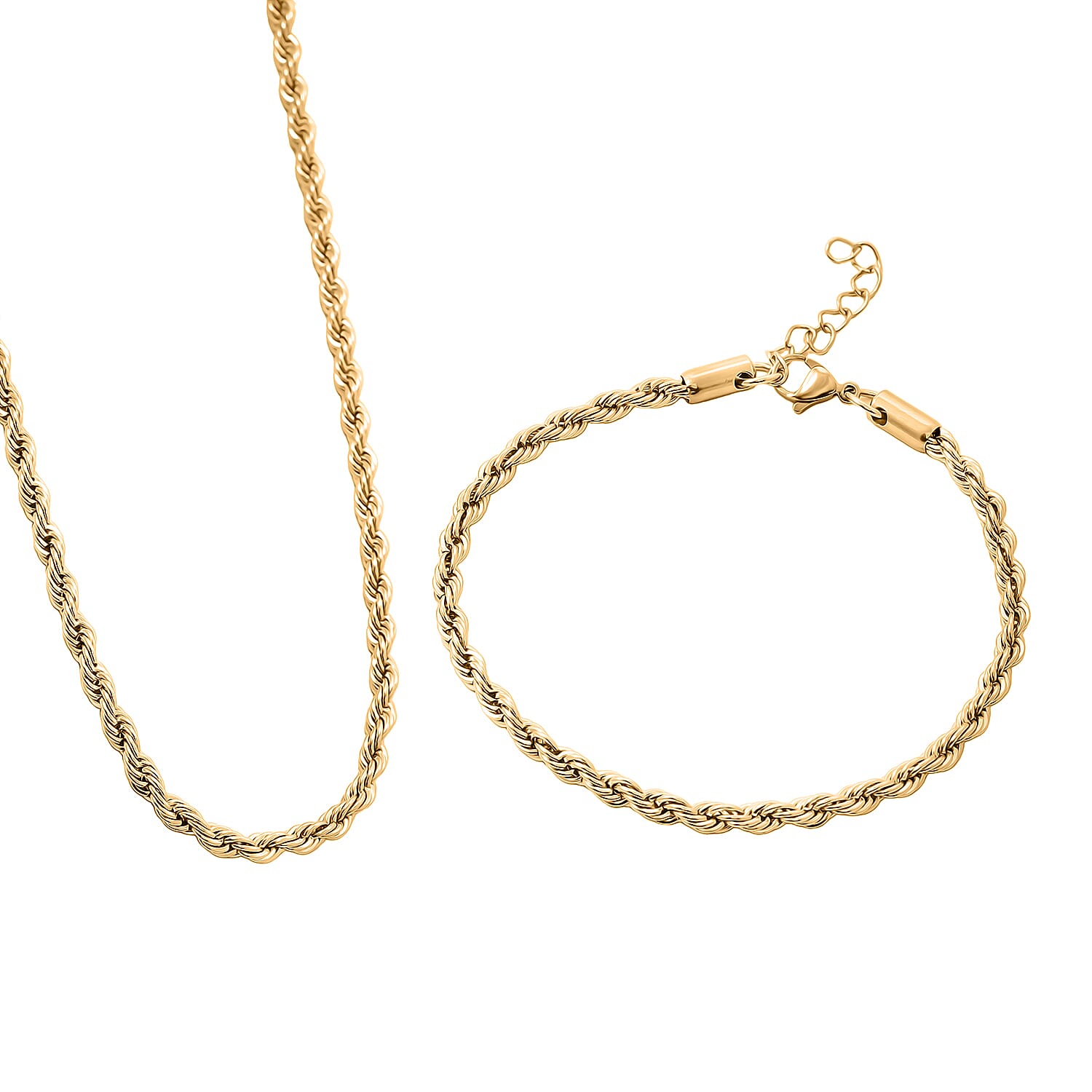 Rope Chain Bracelet (8.50In) and Necklace (24 Inches) in ION Plated YG Stainless Steel