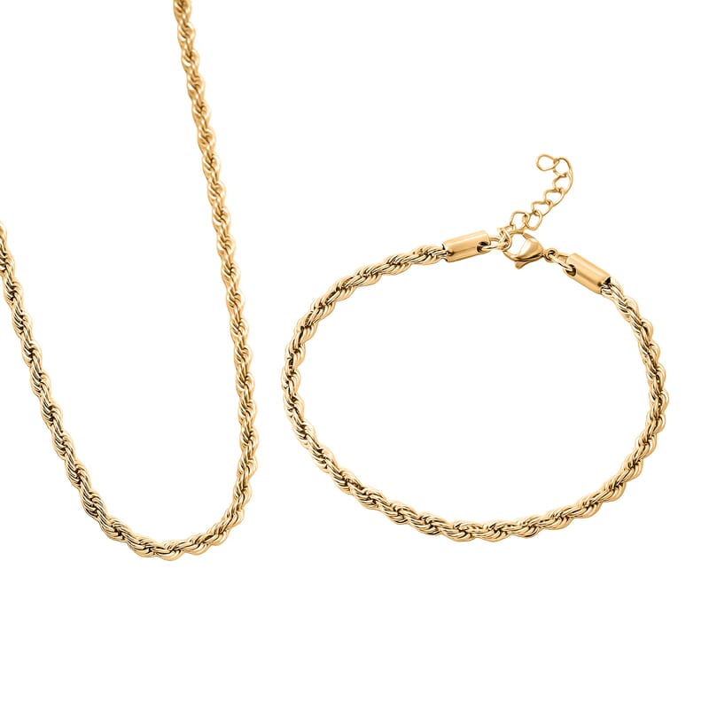 Rope Chain Bracelet (8.50In) and Necklace (24 Inches) in ION Plated YG Stainless Steel