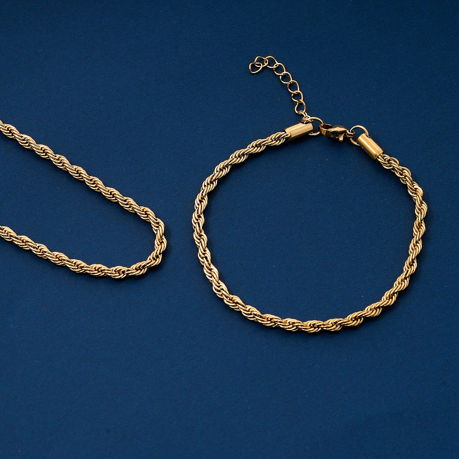 Rope Chain Bracelet (8.50In) and Necklace (24 Inches) in ION Plated YG Stainless Steel