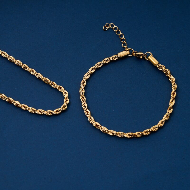 Rope Chain Bracelet (8.50In) and Necklace (24 Inches) in ION Plated YG Stainless Steel