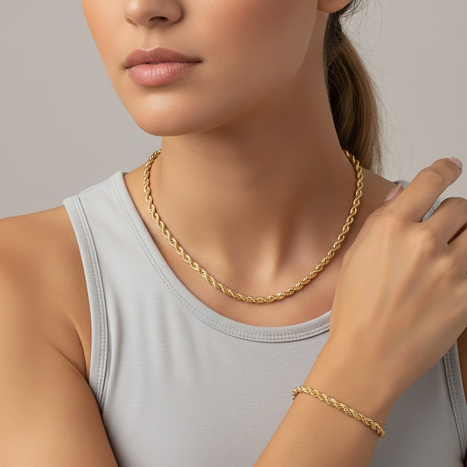 Rope Chain Bracelet (8.50In) and Necklace (24 Inches) in ION Plated YG Stainless Steel