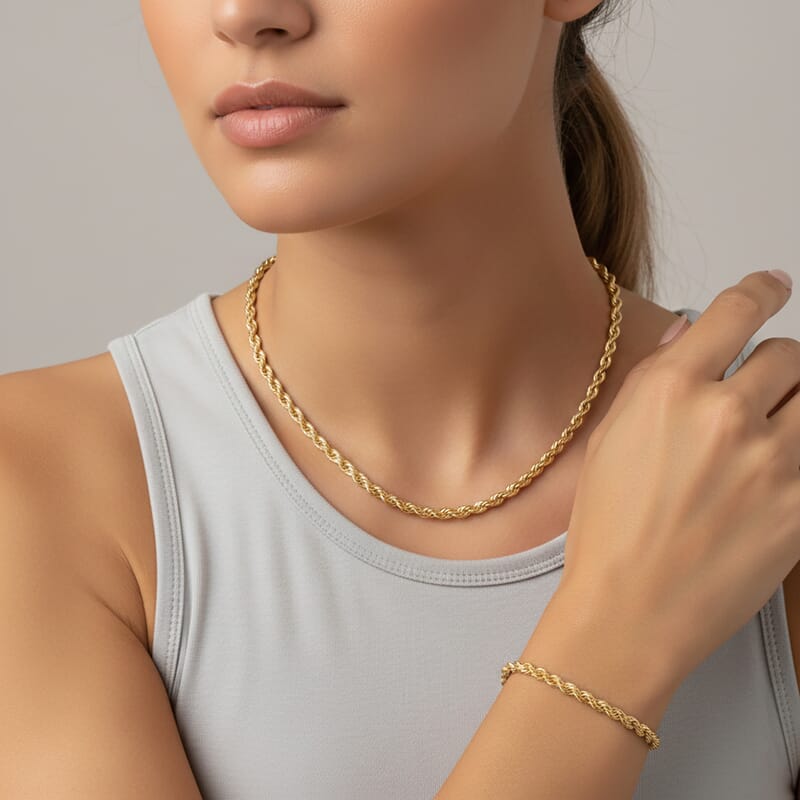 Rope Chain Bracelet (8.50In) and Necklace (24 Inches) in ION Plated YG Stainless Steel