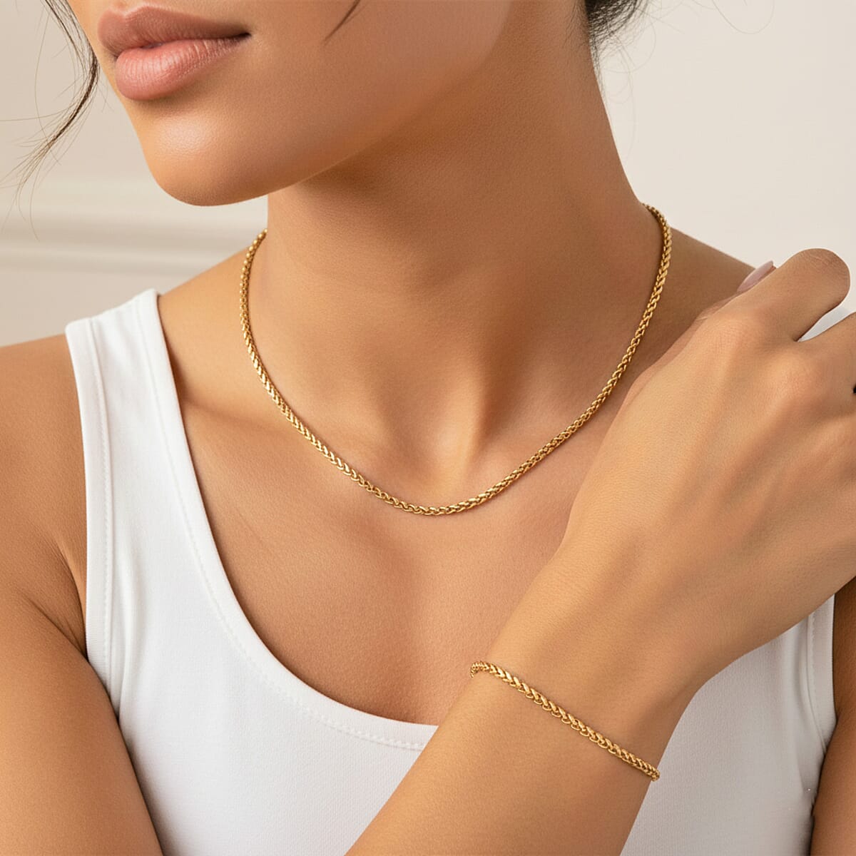 Spiga Chain Bracelet (8.50In) and Necklace 24 Inches in ION Plated YG Stainless Steel image number 2