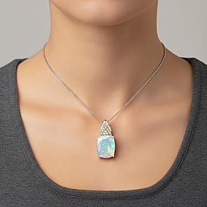 D'Joy Ethiopian Welo Opal and Multi Gemstone 2.70 ctw Royal Arch Spectrum Pendant Necklace in Rhodium Over Sterling Silver (20 Inches)