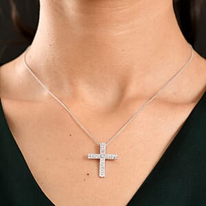 D'Joy Diamond 0.50 ctw Eternal Radiance Cross Pendant Necklace in Rhodium Over Sterling Silver 20 Inches 