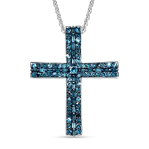D'Joy Blue Diamond 0.50 ctw Eternal Radiance Cross Pendant Necklace in Rhodium Over Sterling Silver 20 Inches 